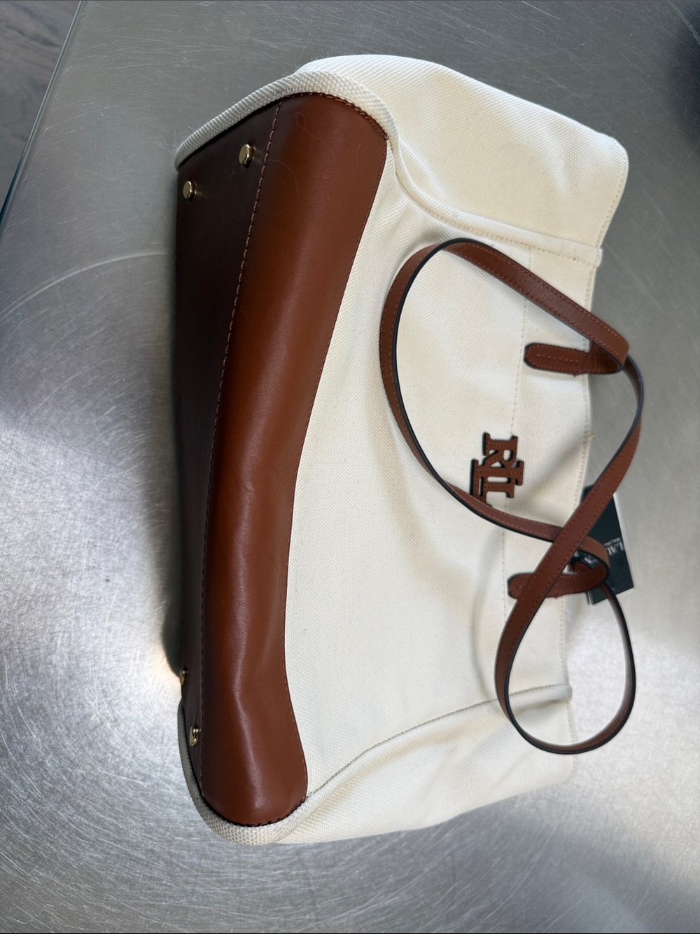 Lauren Ralph Lauren Cream Canvas Tote with Brown Leather Trim